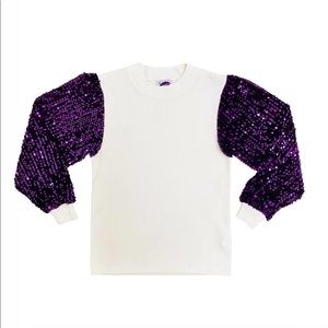 Sparkle City white and purple shimmer sleeve sweater